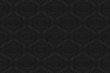 3D volumetric convex embossed black background. Ethnic oriental, asian, indian pattern with handmade elements. Geometric texture for design and decoration.