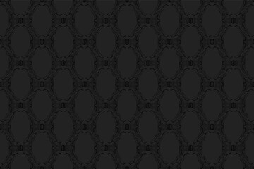 3D volumetric convex embossed black background. Ethnic oriental, asian, indian pattern with handmade elements. Geometric decorative texture for design and decoration.