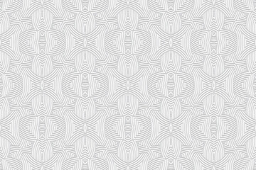 3D volumetric convex embossed white background. Ethnic oriental, asian, indian pattern with handmade elements. Geometric beautiful modern texture for design and decor.