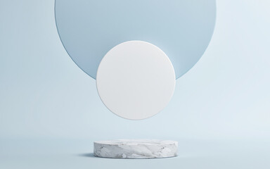 Mockup podium, geometrical abstract composition for product presentation, blue background, 3d render, 3d illustration