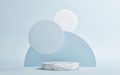 Mockup podium, geometrical abstract composition for product presentation, blue background, 3d render, 3d illustration