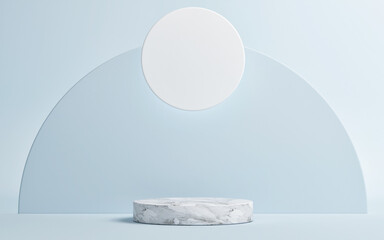 Mockup podium, geometrical abstract composition for product presentation, blue background, 3d render, 3d illustration