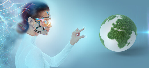 Artificial Intelligence Attractive Female Cyborg working with holographic interface in virtual space green ecology Earth globe