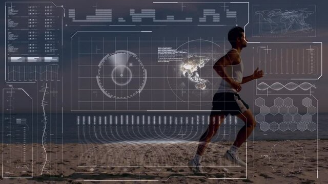 Animation of data processing over fit man running at beach