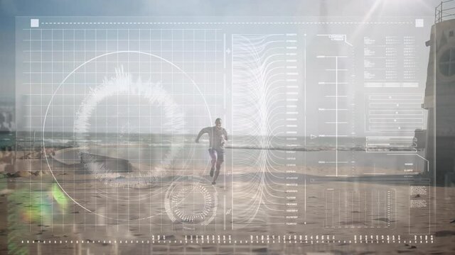 Animation of data processing over fit man running at beach