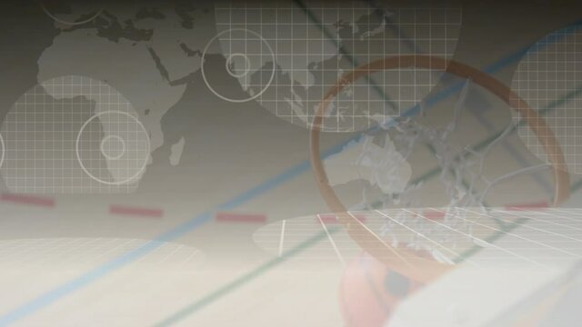 Animation of world map and communication hubs over basketball player scoring goal