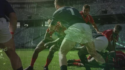 Animation of data processing over rugby match in sports stadium