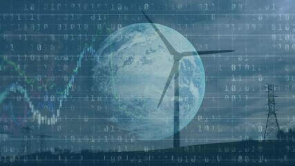 Animation of binary coding and financial data processing over wind turbine - Powered by Adobe
