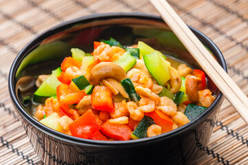 cooked vegetables salad with shrimps and cashew nuts