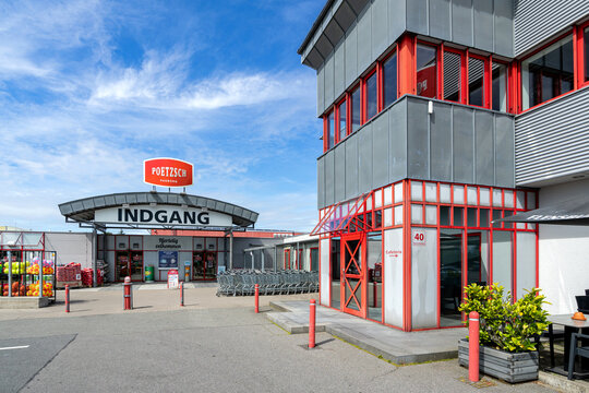 HARRISLEE, GERMANY - JUNE 25, 2021: German branch of Danish Poetzsch Padborg supermarket