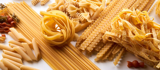 Assorted varieties of pasta wallpaper. Mix macaroni, spaghetti on white background
