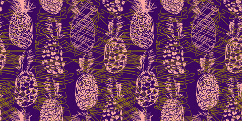 Pineapple fruit sketch in funny doodle freehand style on purple background seamless pattern. Tropical citrus collection. Perfect for baby wallpaper, bedding, wrapping paper, menu, home textile.