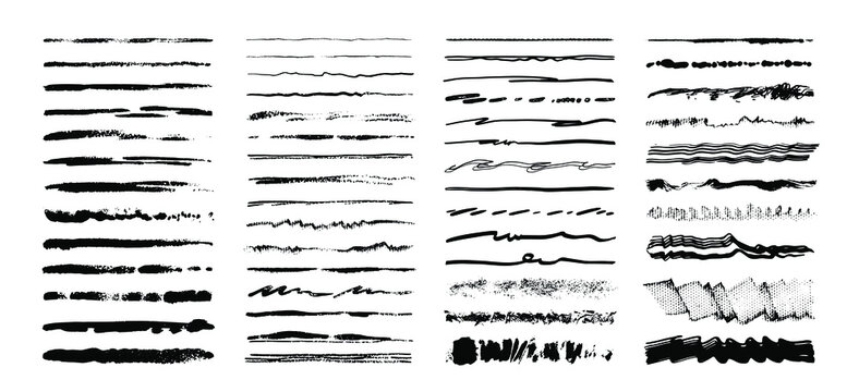Set of hand drawn ink lines, sketch strokes isolated on white. Vector grunge brushes. Ink art brusher are added to the brushes panel.
