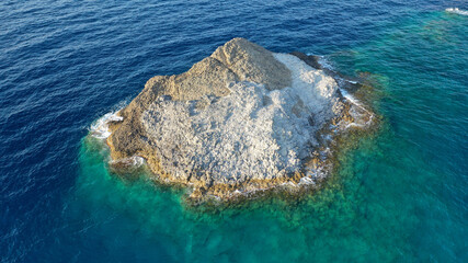 Aerial drone photo of unique rocky volcanic Glaronisia or Sea Gull islets formed thousand years ago...