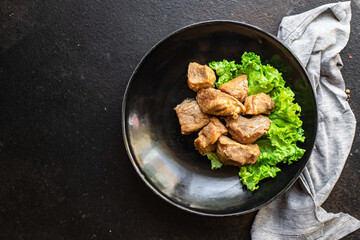 stewed meat ragout roast pork, lamb or turkey nutritious food organic products meal snack copy space food background rustic. top view keto or paleo diet