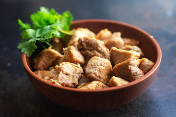 stewed meat ragout roast pork, lamb or turkey nutritious food organic products meal snack copy space food background rustic. top view keto or paleo diet