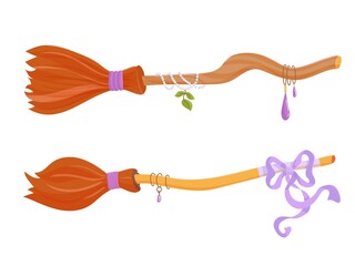 Two broomsticks for a witch with decorations. Halloween costume item. Decor element. Vector illustration isolated on white background.