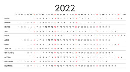 2022 linear calendar in Spanish. Calender planner for year. Vector. Yearly Horizontal template. Week starts Monday. Annual schedule grid with 12 months. Simple illustration. Landscape orientation.