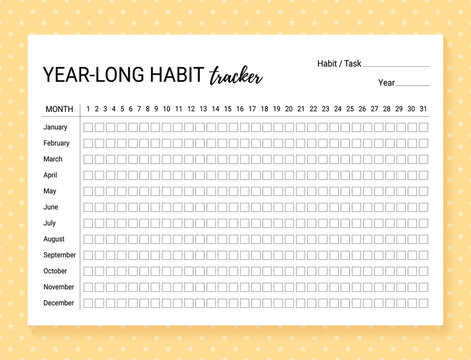 Habit tracker template. Year-long habit diary. Journal planner with bullets. Goal list on background with stars. Vector illustration. Simple design. Horizontal, landscape orientation. Paper size A4.