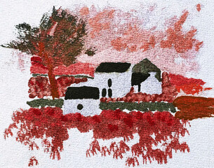 Rot-braune Landschaft mit weißen Häusern, Illustration
