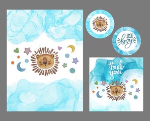 Hand drawing watercolor set of card poster sticker label blue with lion for baby shower. Use for poster, print, card, flyers, banner, stickers, label, typography, celebration, party