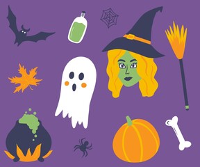 Halloween clipart set with cute elements, pumpkins and other holiday symbols.