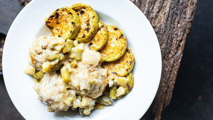 vegetable meatballs no meat grilled zucchini rice Cooking plate on the table, healthy meal snack copy space food background rustic veggie vegan or vegetarian