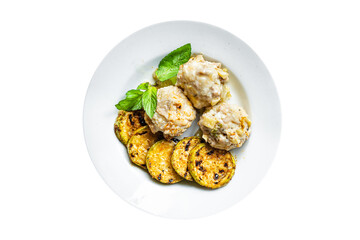 vegetable meatballs no meat grilled zucchini rice Cooking plate on the table, healthy meal snack copy space food background rustic veggie vegan or vegetarian