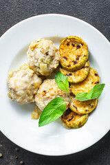 vegetable meatballs no meat grilled zucchini rice Cooking plate on the table, healthy meal snack copy space food background rustic veggie vegan or vegetarian