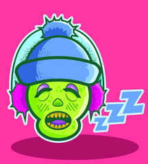 the Zombie relaxes in his sleep he listens to relaxing music in his headset.
Even a zombie can sleep to the sound of relaxing music, with his headset and wool cap he is dead asleep.
Cute zombie.