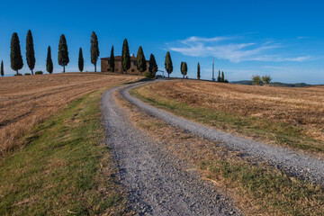 Tuscany rural scenery and grain fields at sunny day
