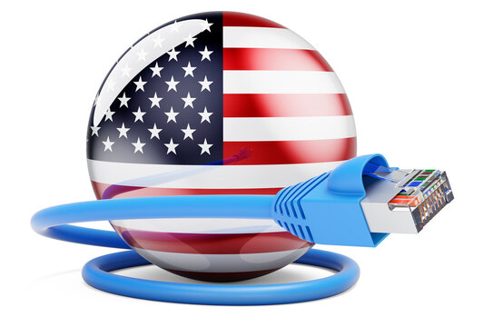 Internet Connection In The USA. Lan Cable With The United States Flag, 3D Rendering