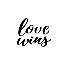 Love wins hand drawn lettering quote. Homosexuality slogan isolated on white. LGBT rights concept. Modern ink illustration for poster, placard, invitation card, t-shirt print design.