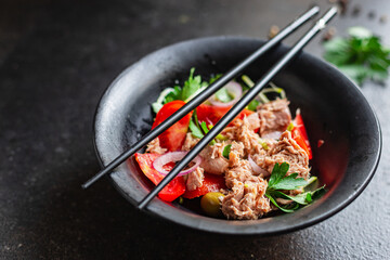 salad tuna seafood vegetable tomato, onion, herbs, olives canned tuna fish plate on the table, healthy meal copy space food background top view 