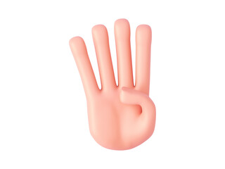 3d render, cartoon hand shows four fingers. Finger counting gesture. Isolated on white background