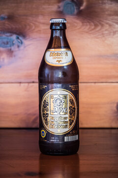 Munich, Germany - May 24 2021: Augustiner Edelstoff Bavarian Beer Bottle.