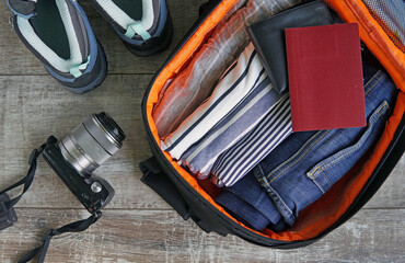 Preparing for outdoor travel activity concept, flat lay.
