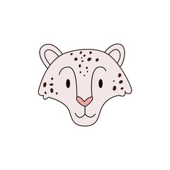 Cartoon head leopard isolated. Colored vector illustration of a snow leopard head with outline on a white background. Cute Panthera uncia predator illustration.