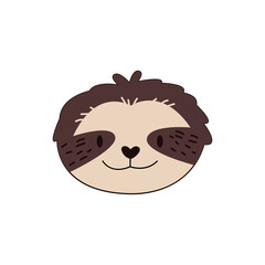 Cartoon sloth head isolated. Colored vector illustration of a sloth head with a stroke on a white background. Cute mammal illustration.