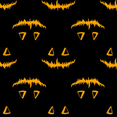 Naklejka premium vector seamless pattern of Jack's pumpkin face in orange color on a black background. a pattern of triangular eyes and a creepy mouth, hand-drawn in orange, geometrically arranged for a Halloween desi