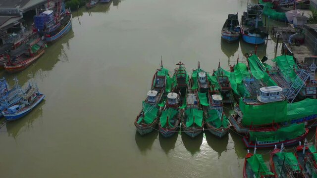 Aerial view of Rayong River and fishing boats in Rayong, Thailand