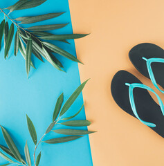 Summer concept with slippers and green leaves on yellow and blue background. Minimal lay out arrangement.