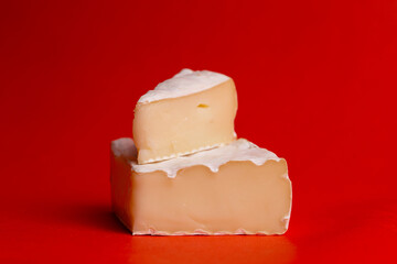 cheese with white mold on a red background close-up