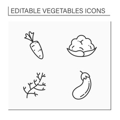 Vegetables line icons set. Edible plant. Vegetarian, healthy nutrition. Carrot and dill, eggplant and cauliflower. Agriculture concept. Isolated vector illustration. Editable stroke