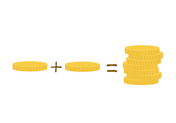 Income concept. Coin plus coin equals a lot of money. Augmentation
