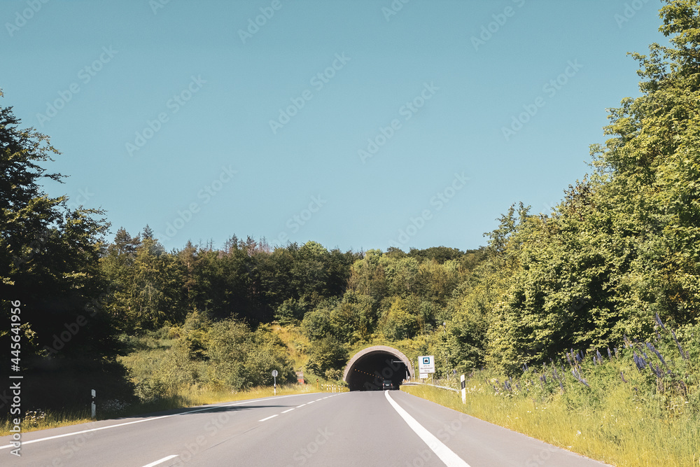 Sticker Beautiful view of a country road leading to a tunnel surrounded by green nature