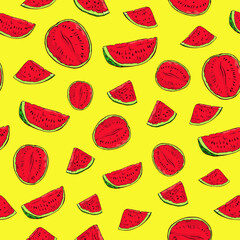 Pattern with slices of watermelon with seamless seam. Background in vector.