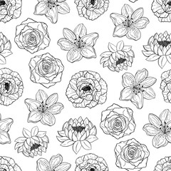 Hand drawn seamless pattern vector of flowers. Blooming peony, rose, lily, lotus. Decorative floral doodle illustration for greeting card, invitation, wallpaper, wrapping paper, fabric