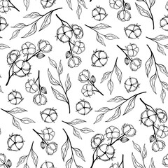 Hand drawn seamless pattern vector of cottons and leaves. Decorative floral doodle illustration for greeting card, invitation, wallpaper, wrapping paper, fabric