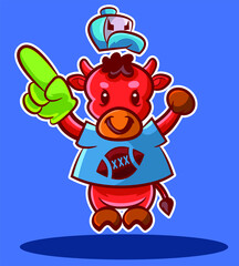 Cute red ox cheering for his favorite team.
This cute and cuddly red ox is cheering and vibrating for his heart team, with his cap and his number 1 finger this ox is cheering for his favorite team.